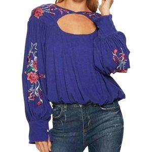 Free People Lita Cobalt Blue Cut Out Long Sleeved Blouse w Floral Embroidery